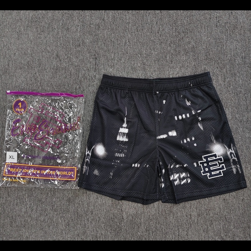 Eric Emanuel Black Mesh Athletic Shorts with White City Graphic